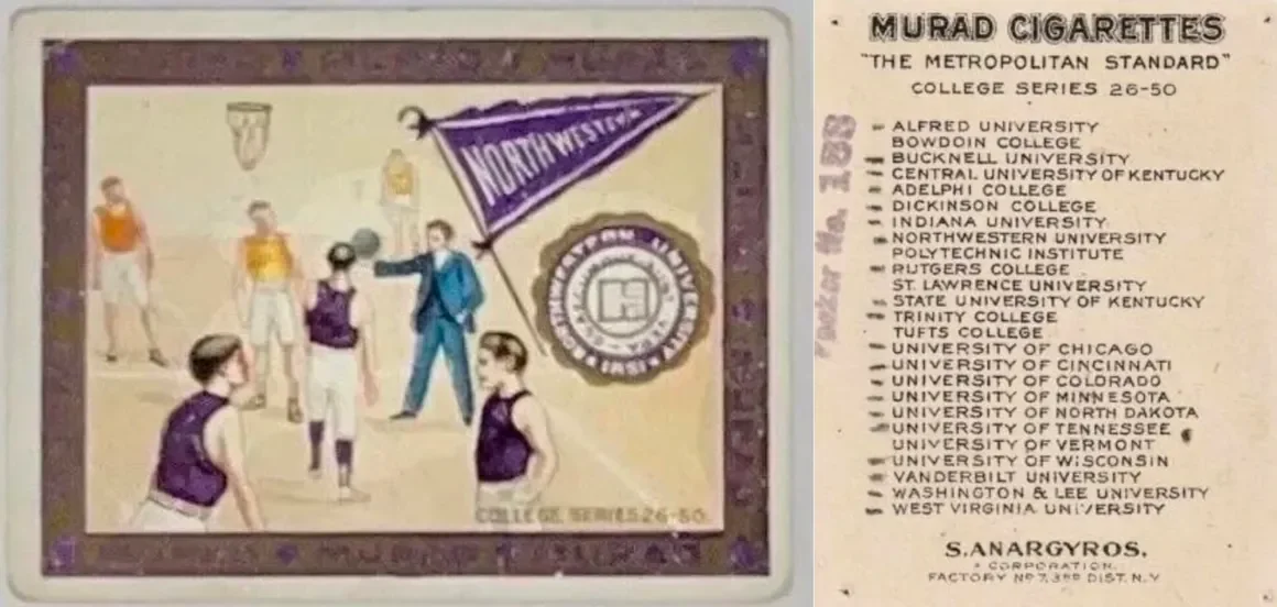 Vintage cigarette card featuring college teams and a Northwestern flag from Murad Cigarettes, part of the College Series 26-50, with names of various universities listed on the right.