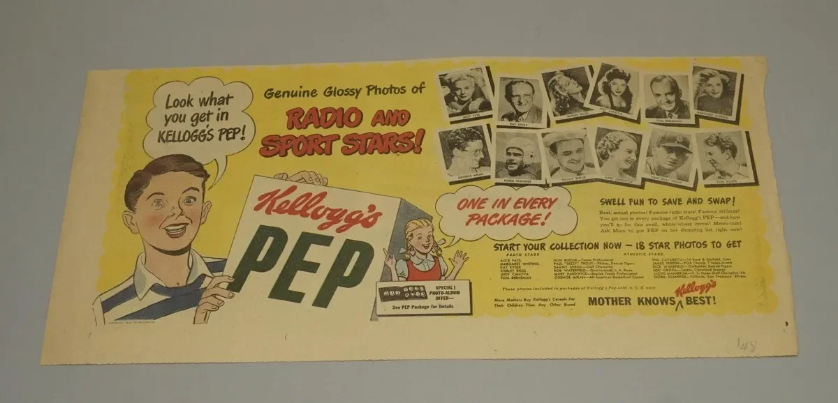 Vintage Kellogg's PEP cereal advertisement featuring a woman holding a cereal box, with retro photos of radio and sports stars, and promotional text about collecting photos to win prizes.