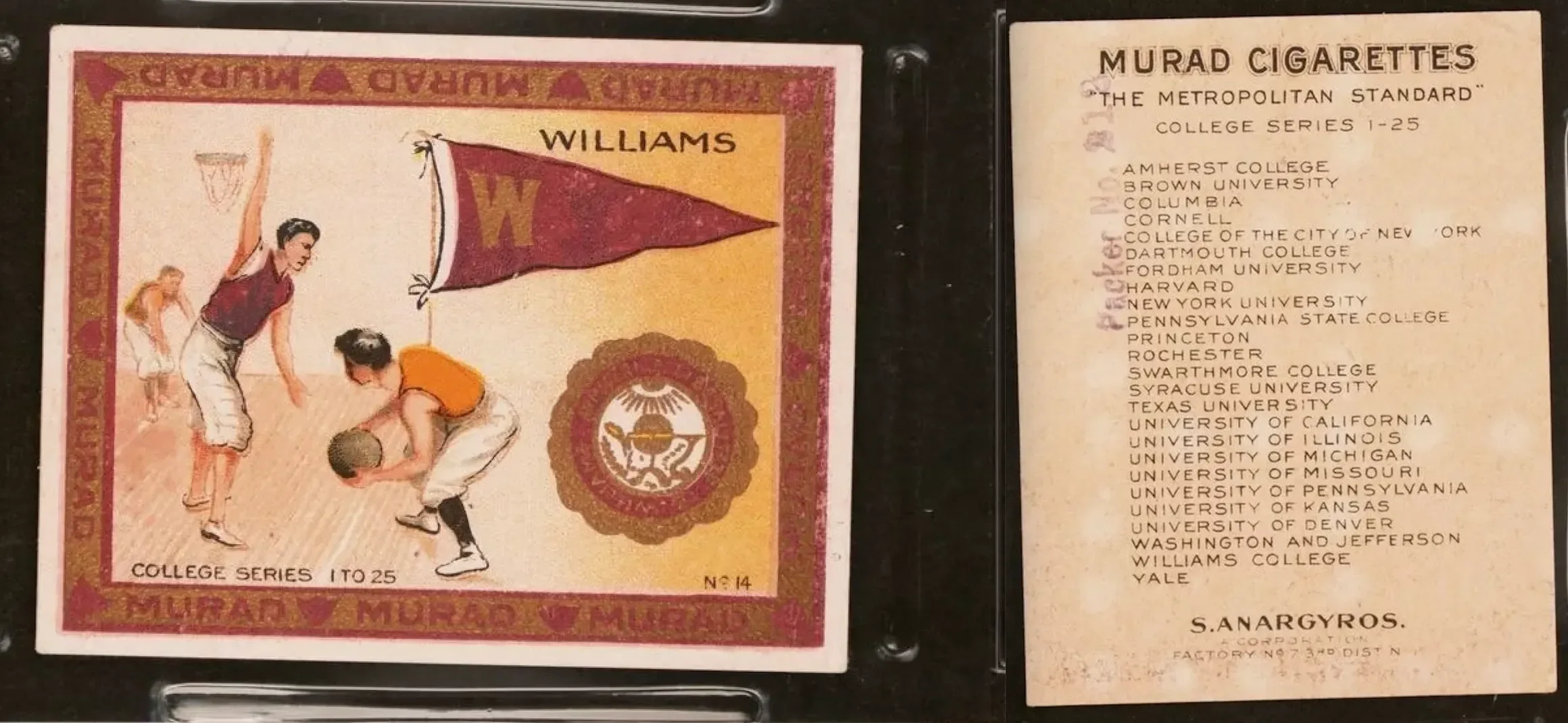 Vintage illustrated matchbox cover featuring two boys playing basketball, with school emblems and text referencing colleges.