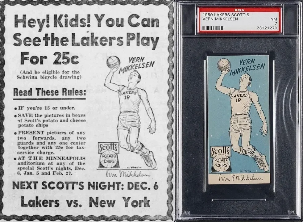 A vintage newspaper clipping and a PSA-graded trading card of Vern Mikkelsen, a Lakers basketball player. The newspaper invites children to see the Lakers play for 25 cents, featuring rules and a drawing of Mikkelsen playing basketball.