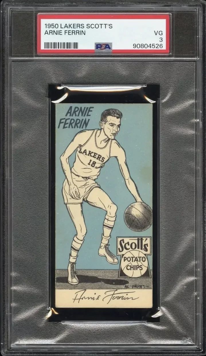 A vintage trading card of basketball player Arnie Ferrin from the Los Angeles Lakers, produced by Scott's Potato Chips, encased in slabbed PSA graded holder.