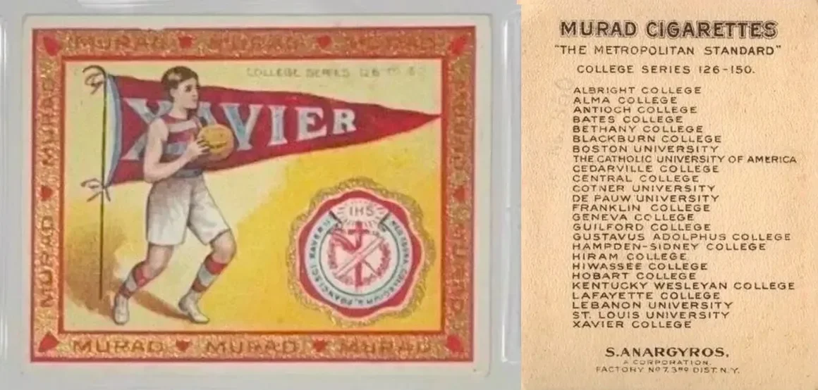 Vintage cigarette card featuring a girl in athletic attire holding a yellow ball, with a red banner reading 'VYER'. List of colleges on the right side including Albright College, Alma College, Antioch College, and others. Bottom text: 'MURAD - MURAD - MURAD' and the signature of S. Anargyros.