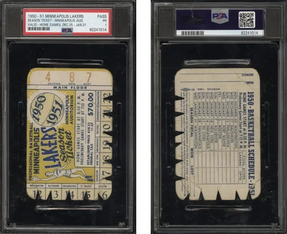 Two vintage basketball game tickets for the 1950-51 Minneapolis Lakers season, encased in protective plastic slabs. The front ticket features a yellow and blue design with an illustration of a basketball player, and details about the game on December 25th against the Minneapolis Aud. The back ticket displays the season schedule for 1950-51 with game dates, opponents, and scores.