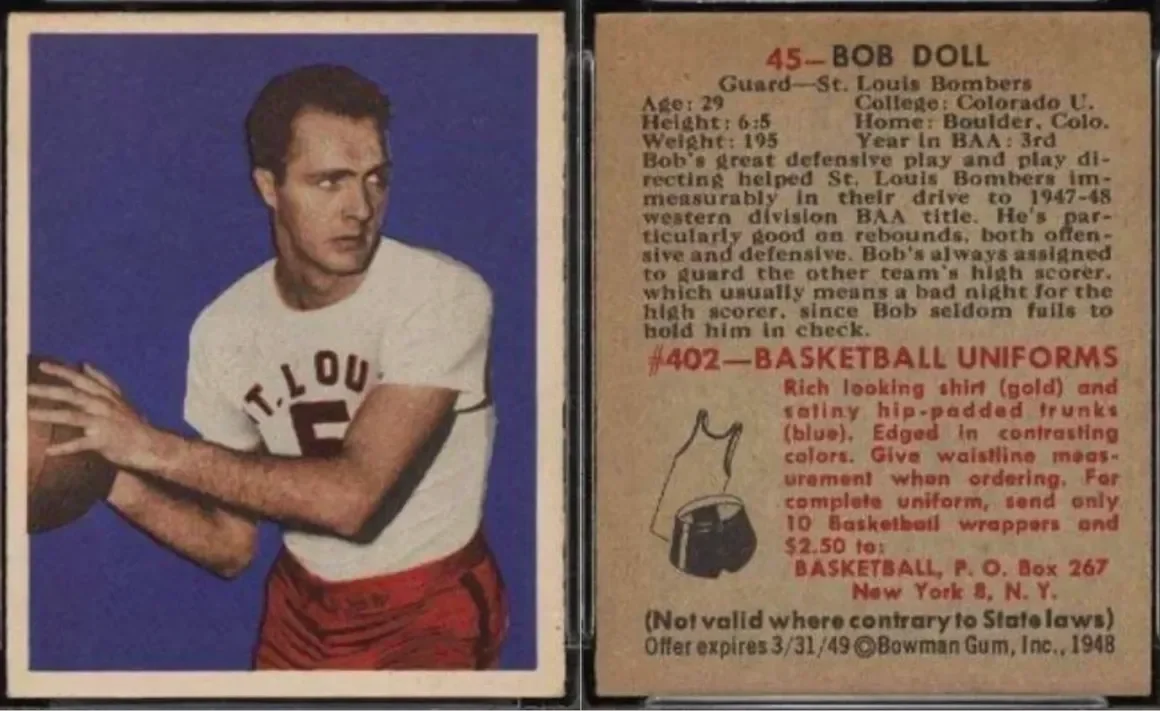 A vintage trading card featuring a young man in a white T.LOU basketball jersey with the number 5 and red shorts. The back side displays player BOB DOLL's bio, stats, and a drawing of a gold and blue basketball uniform for purchase.