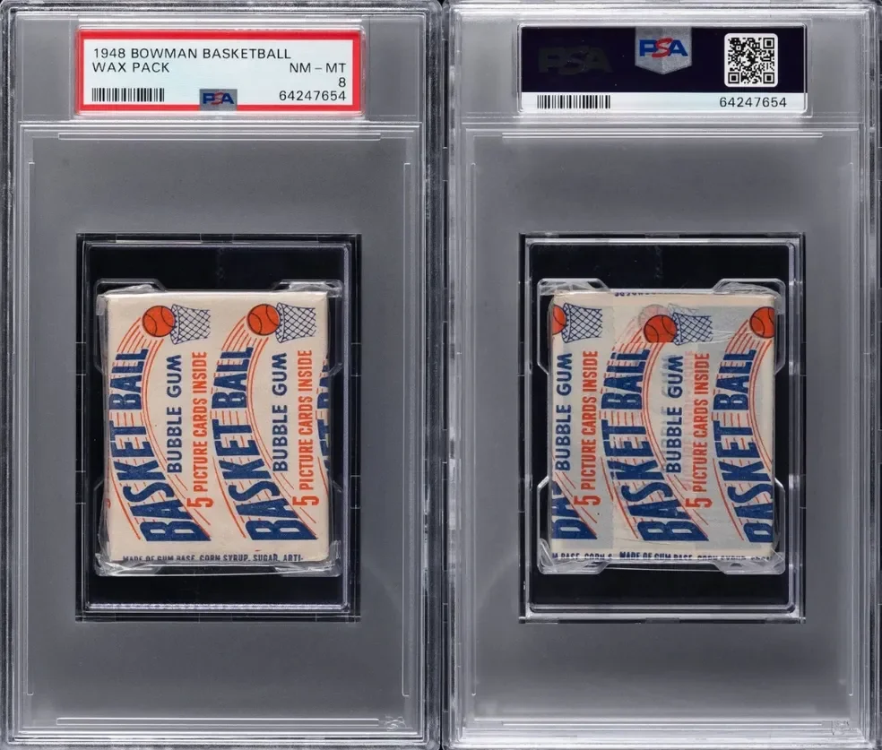 Two PSA graded slabs containing 1948 Bowman Basketball Wax Packs, each pack inside a small cardboard sleeve with vintage basketball and text branding.