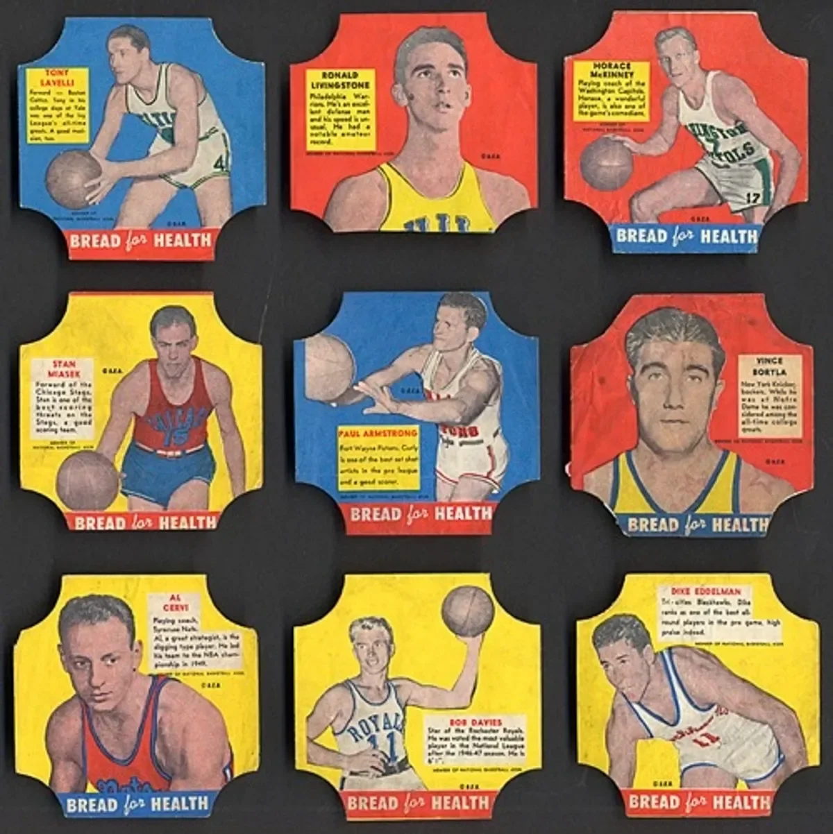 A collection of vintage basketball trading cards featuring famous players like Tony Lavelli, Ronald Liveystone, Morace McIntrye, Stan Miark, Paul Armstrong, Yince Kortla, Al Ceri, Bob Dayns, and Dere Edolman. Each card includes a portrait and a brief biography, with the phrase 'Bread for Health' at the bottom.