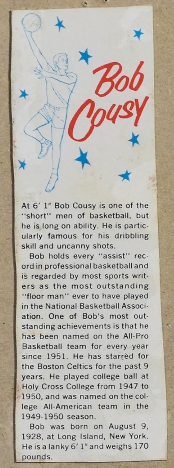 A vintage biography card of Bob Cousy featuring a sketch of him in a basketball uniform dunking a ball, surrounded by blue stars, with text describing his basketball career and achievements.