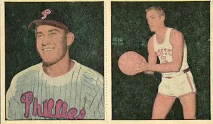 A split photograph showing two images of a man. In the left image, he is smiling and wearing a vintage Philadelphia Phillies baseball uniform with a cap. In the right image, he is holding a basketball while wearing a white basketball uniform with the word "MICH" and the number 16 on it.
