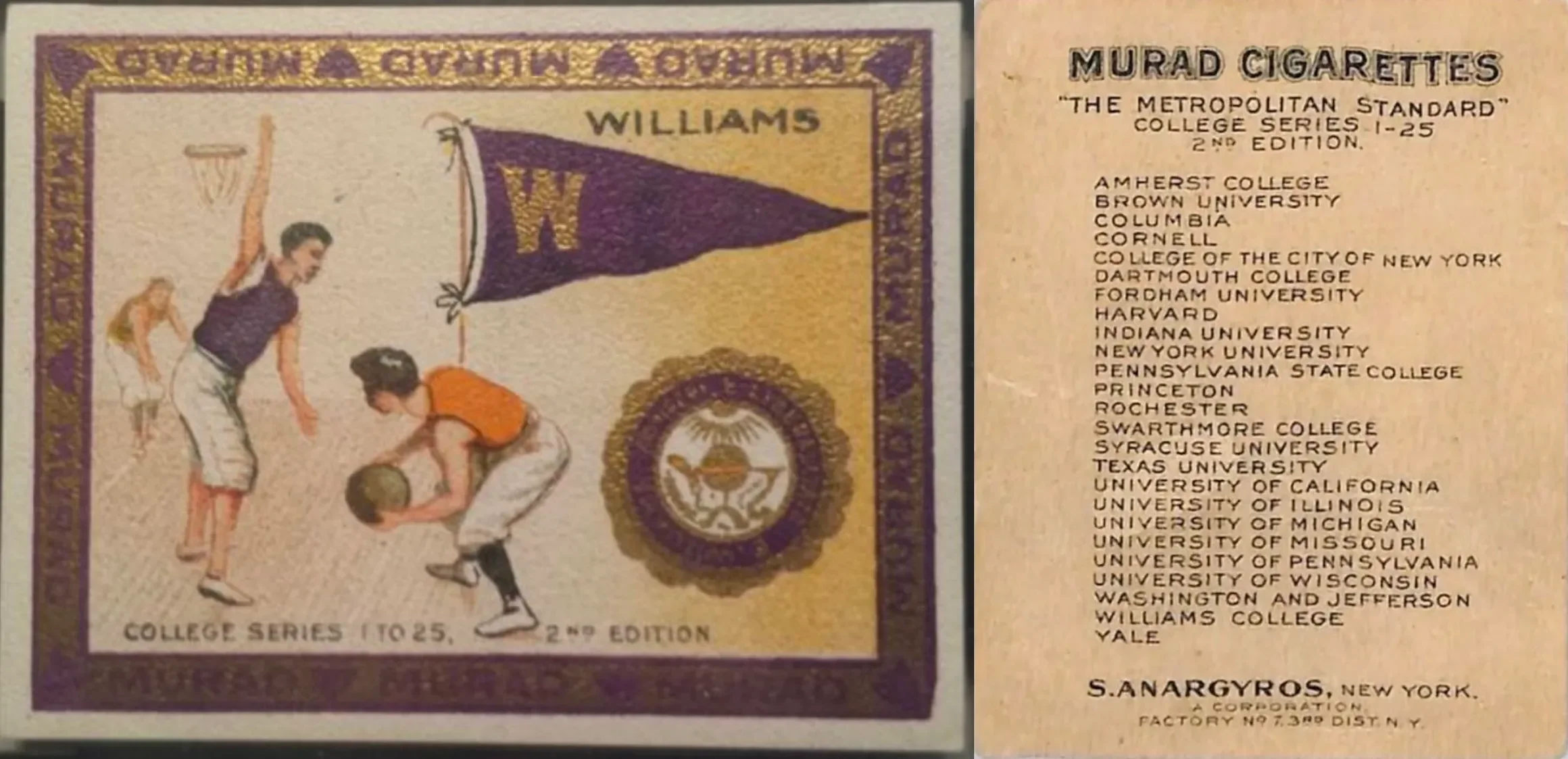 Vintage college cigarette trading card from the Williams College series, second edition, depicting a basketball scene with players and a banner.