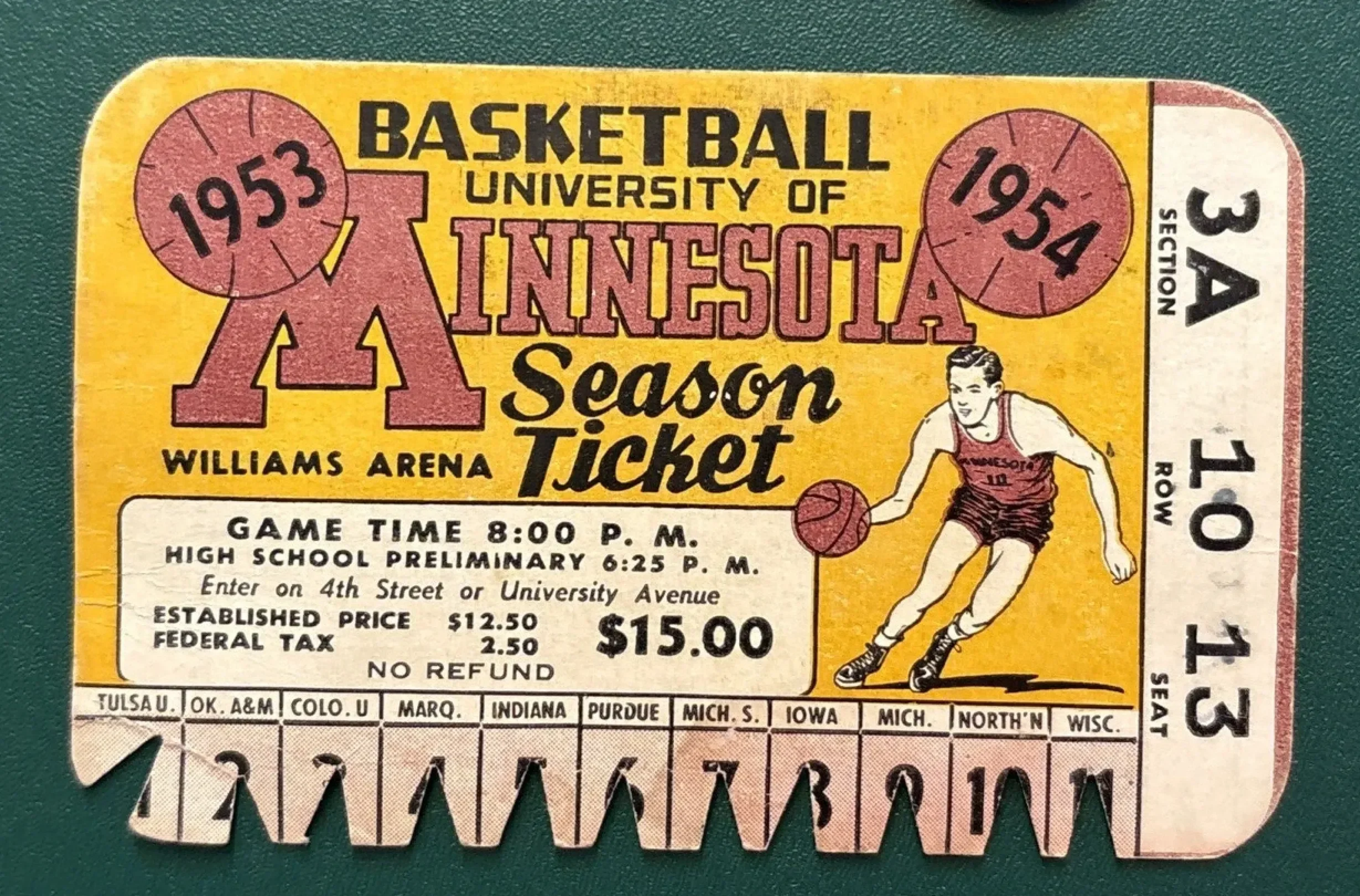 Vintage ticket for the 1953 basketball game at the University of Minnesota, Williams Arena.