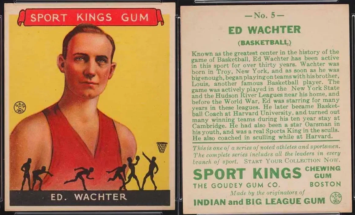 Vintage card featuring Ed Wachter, a basketball player, from the Sport Kings Gum collection. The card shows a portrait of Ed Wachter wearing a red basketball jersey, with illustrations of basketball players below him. The text describes his basketball career, including playing for Harvard and coaching at Harvard, and mentions the gum brand, Sport Kings Chewing Gum by The Goudey Gum Co.