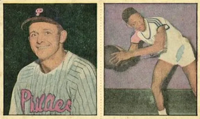 A vintage baseball card featuring a smiling player in a striped uniform, and an illustration of a girl in a dress holding a baseball glove, preparing to catch a ball.