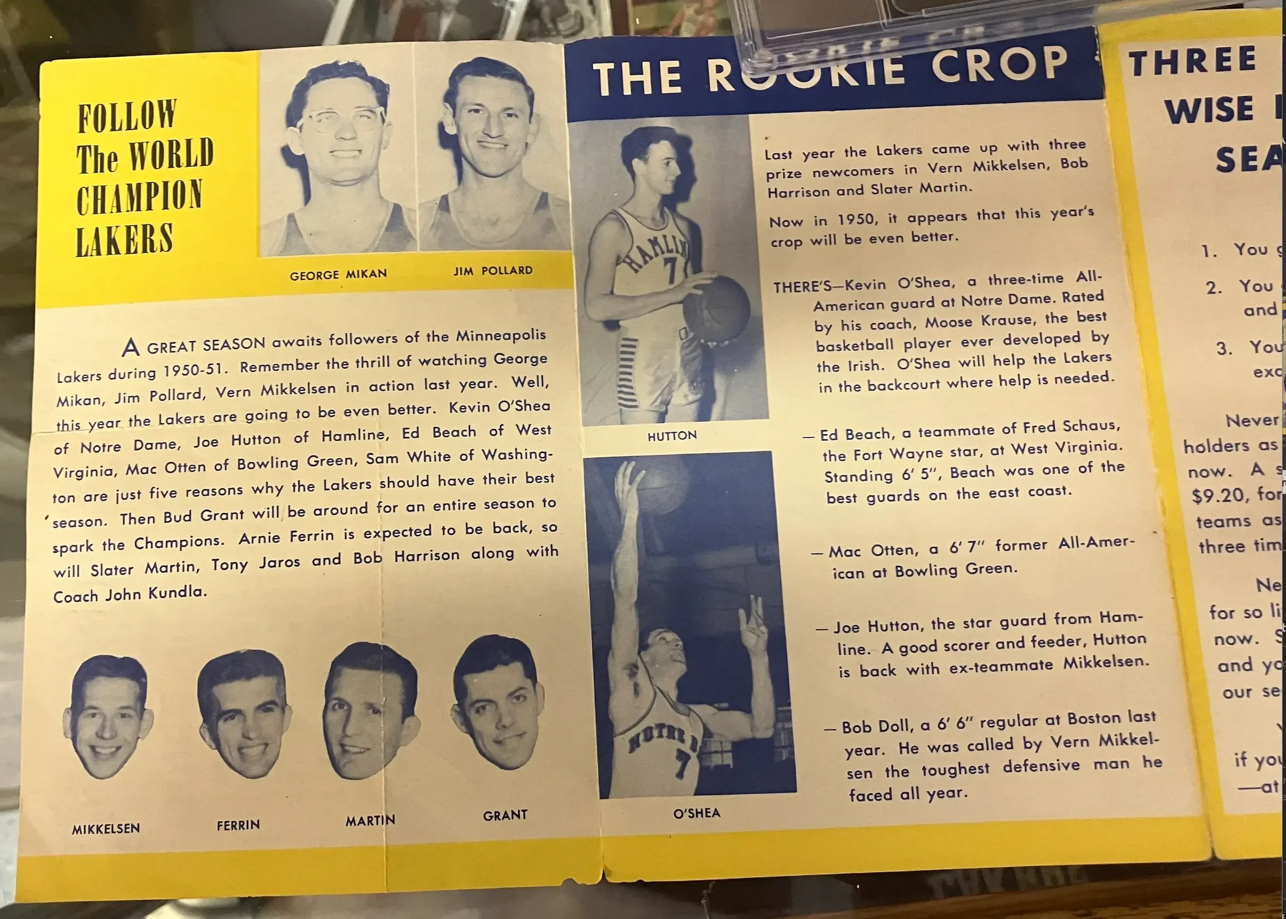 Page from a vintage sports magazine or program featuring headshots and descriptions of basketball players George Mikan, Jim Pollard, and other Lakers players, with photographs of players in uniform.