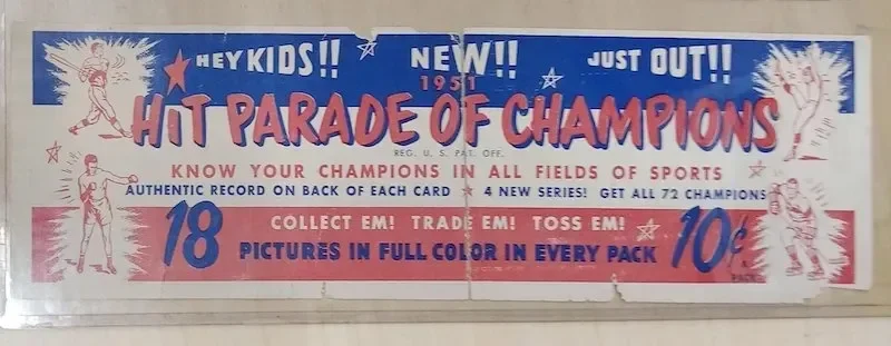 Vintage sports trading card advertisement for the 1951 Hot Parade of Champions, featuring patriotic red, white, and blue colors, with illustrations of athletes and promotional phrases like 'Hey Kids!', 'New!', and 'Just Out!'