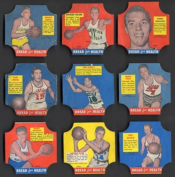 Nine vintage basketball trading cards featuring players from various teams, each with a brief biography and team name, arranged in a 3x3 grid on a black background.