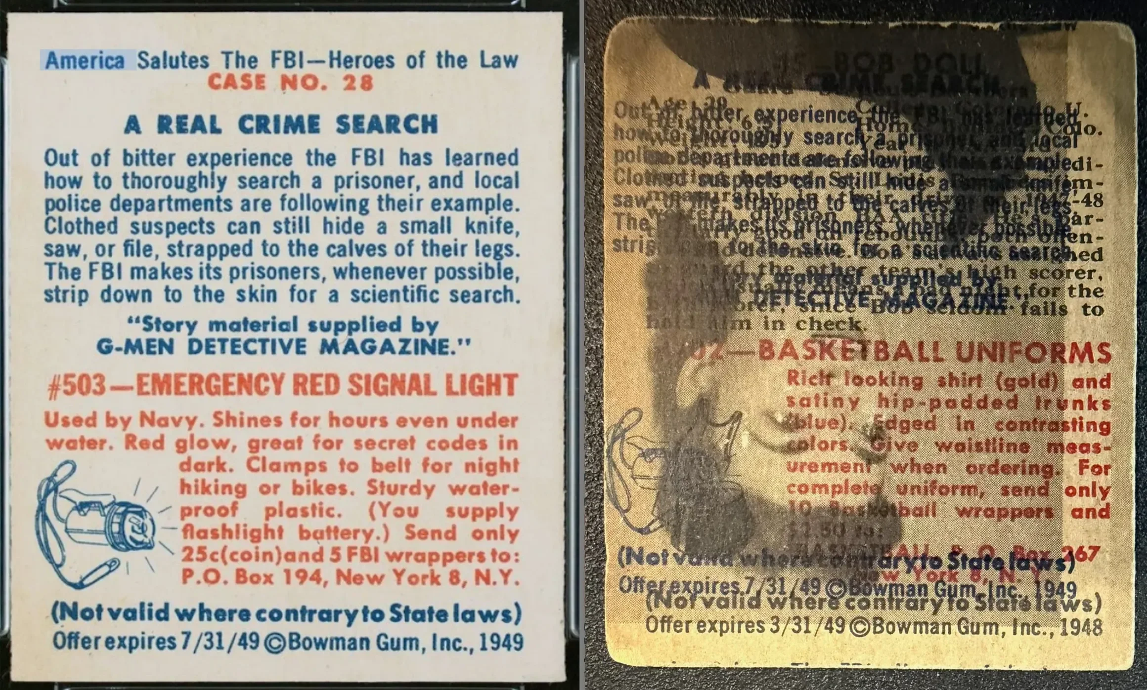 Two vintage cards with text and illustrations. The left card features a heading in blue that reads 'America Salutes The FBI—Heroes of the Law', with information about FBI procedures, military items, and a small illustration of a flashlight. The right card has faded text about basketball uniforms, with some visible words describing clothing and accessories, and a faint illustration of a basketball player.