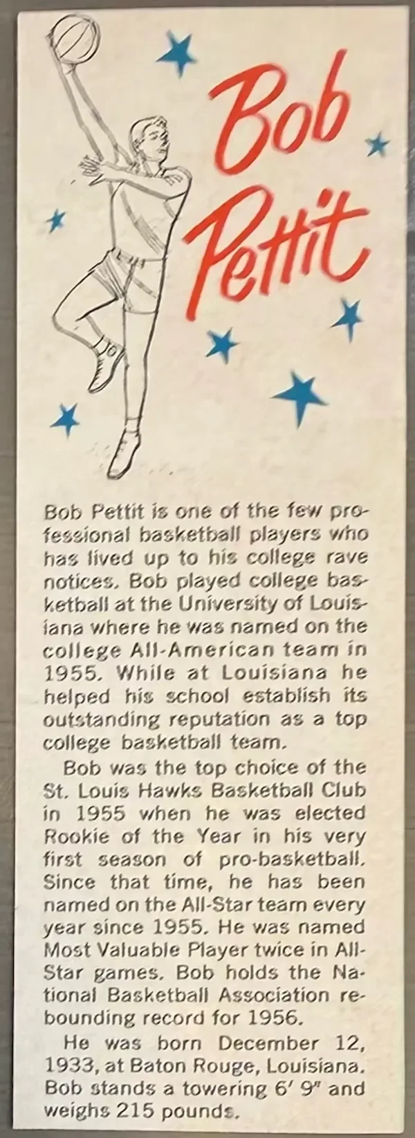 A sketch of a basketball player in mid-air, about to make a shot, surrounded by blue stars, with text highlighting Bob Pettit's basketball achievements.