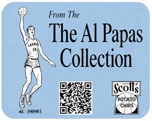 A vintage sports card featuring a male basketball player in a Lakers uniform jumping with a basketball in his hand. Text reads 'From The Al Papas Collection' and 'AL PAPAS' with a QR code and Scott's Potato Chips logo.