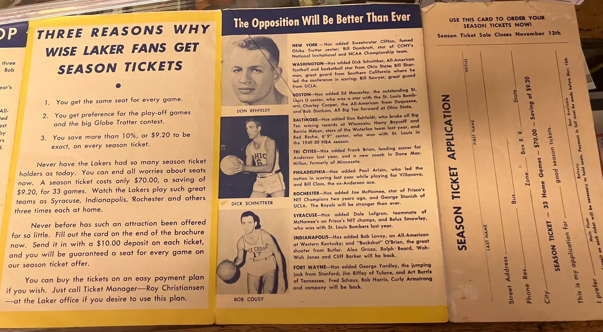 A vintage basketball brochure highlighting reasons to buy Lakers season tickets, featuring black and white photos of basketball players, including Don Rehfeldt, Dick Schnittker, Bob Cousy, and others, with sections of text and order form on the right side.