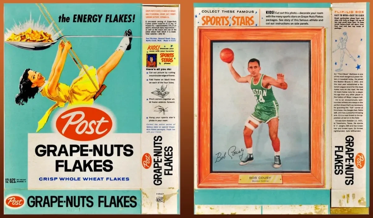 Vintage cereal box label for Post Grape-Nuts Flakes featuring a woman in a yellow dress with long black hair, holding a spoonful of flakes, and a framed photo of basketball player Bob Cousy in a green Boston Celtics uniform holding a basketball.