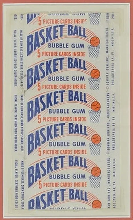 Vintage coupon sheet for Basket Ball bubble gum, featuring a repeating design with a basketball and a hoop, and text indicating five picture cards inside.