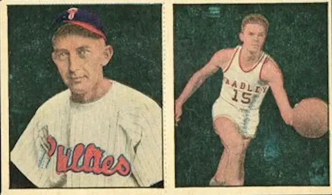 Vintage sports trading card featuring a young male baseball player in a white uniform with red lettering and cap, and a young female basketball player in a white uniform with red lettering, dribbling a basketball.