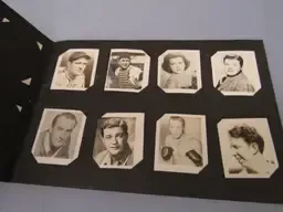 A display of nine vintage black-and-white portrait photographs arranged in a grid on a dark background, each featuring a different person, some with military uniforms or accessories.