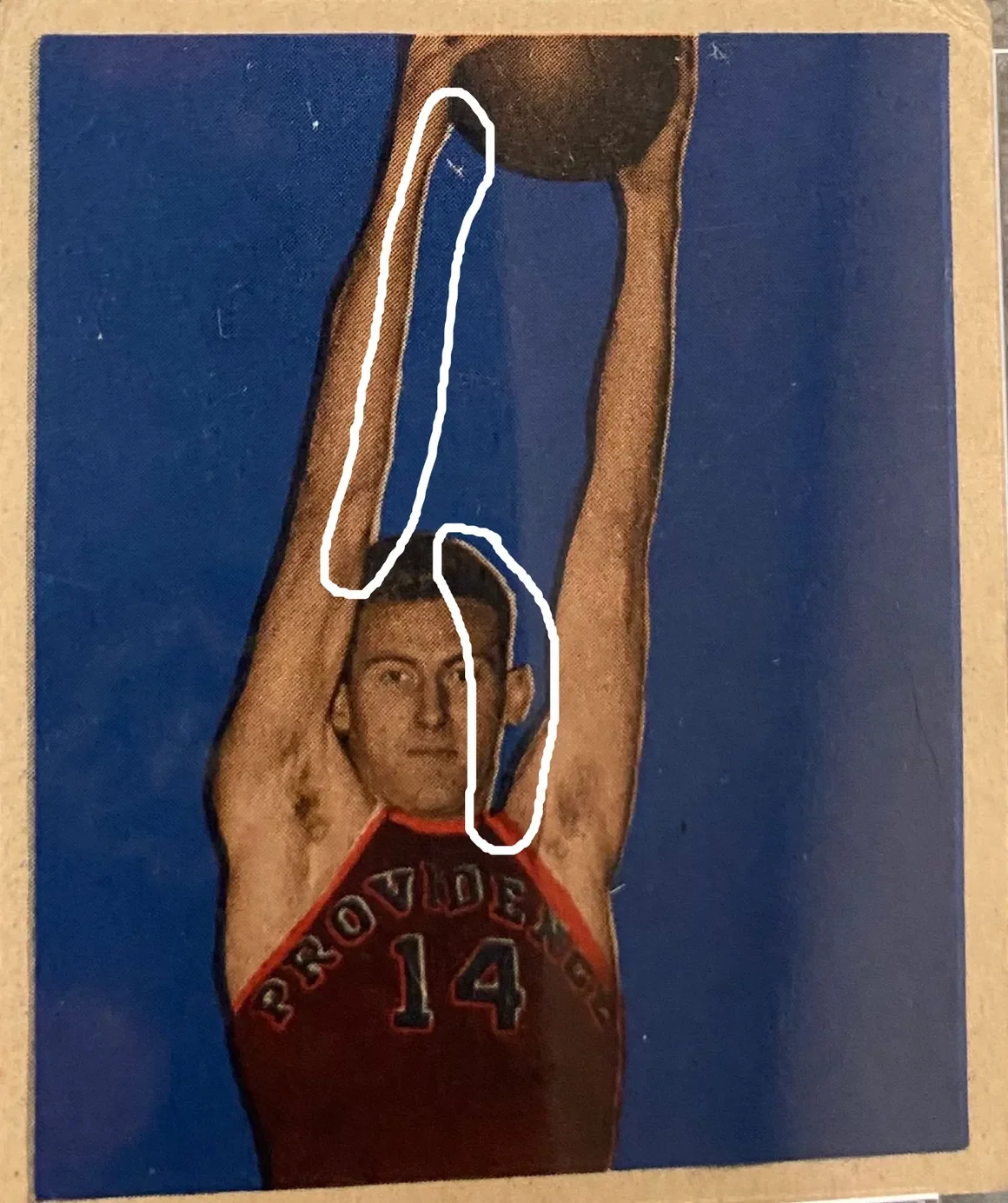 A vintage illustration of a male athlete in a red sports jersey with the number 14, with arms raised above his head. White lines outline the athlete's arms and an object he's holding, with a solid blue background.