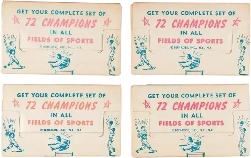 Vintage promotional cards encouraging people to get a complete set of 72 champions in all fields of sports, featuring illustrations of athletes in various sports activities, published by Berk-Ross Inc., NY.