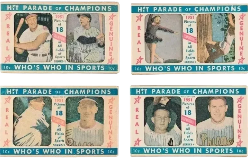 Four vintage baseball card images from the 1951 Topps series, each featuring a different athlete, with a blue and pink border, and the title 'Hit Parade of Champions' at the top.