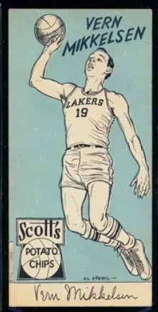 Vintage basketball trading card featuring Vern Mikkelsen in a Los Angeles Lakers uniform, mid-air with a basketball in his right hand, and a Scoil's Potato Chips advertisement in the corner.