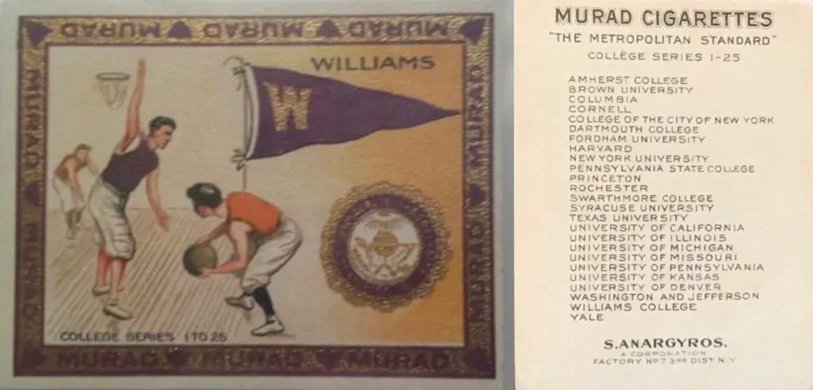 Vintage illustration of children playing basketball in front of a banner with the word 'Williams', and a list of colleges and universities on the right side, including Amherst College, Brown University, Columbia, Cornell, and Yale.