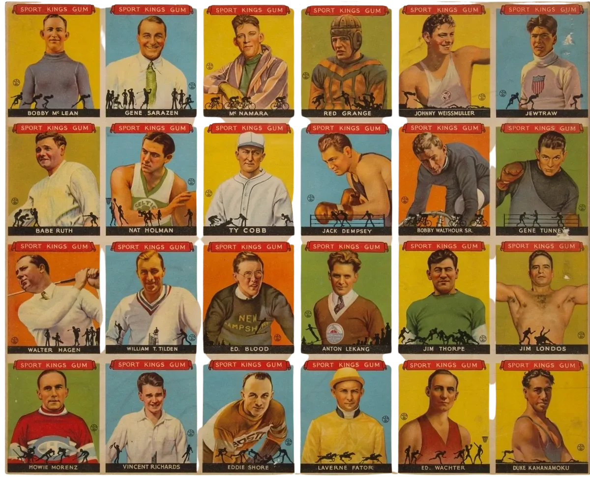 Collection of vintage trading cards featuring athletes and sports figures from the Sport Kings Gum series, arranged in a grid. The cards display portraits of men, some in sports uniforms or athletic poses, with colorful backgrounds and branding for 'Sport Kings Gum' at the top.