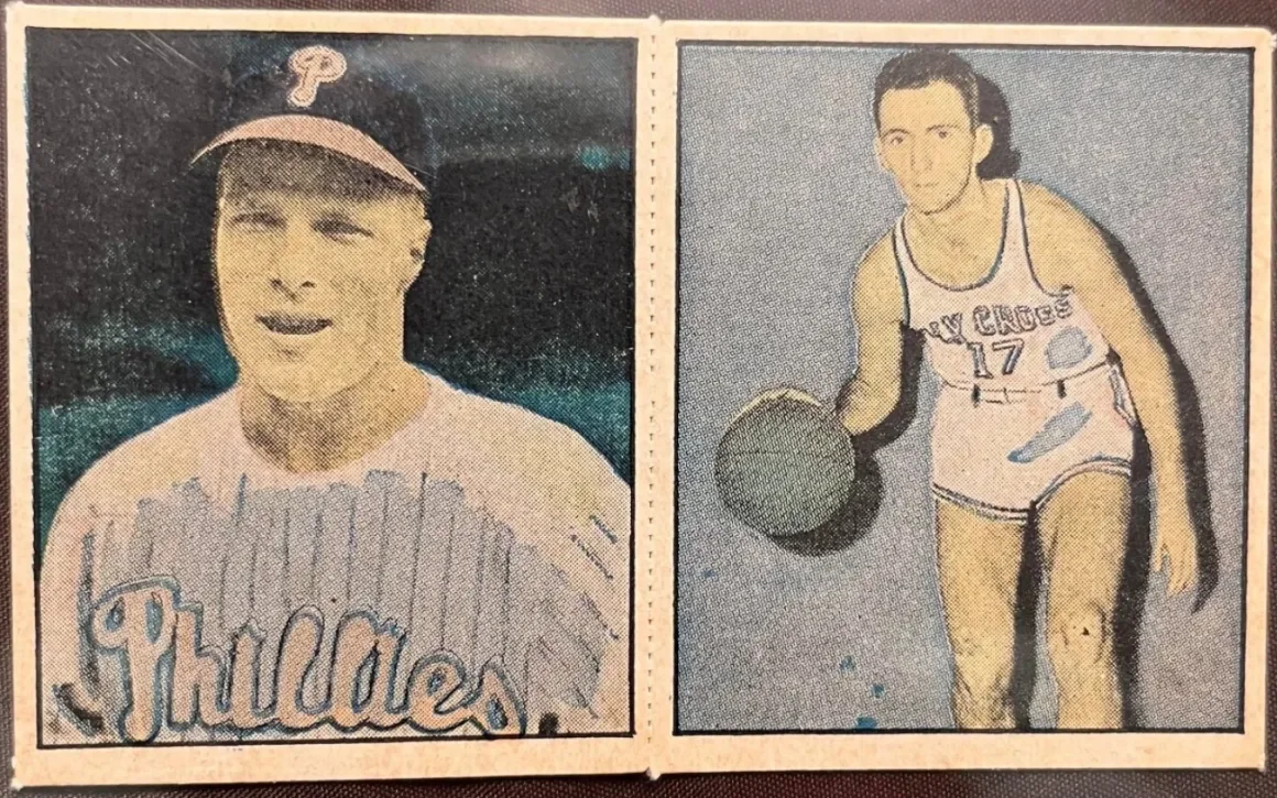Two vintage basketball trading cards featuring male players. The left card shows a player in a Phillies baseball jersey and cap, and the right card shows a player in a New Cross basketball uniform holding a basketball.