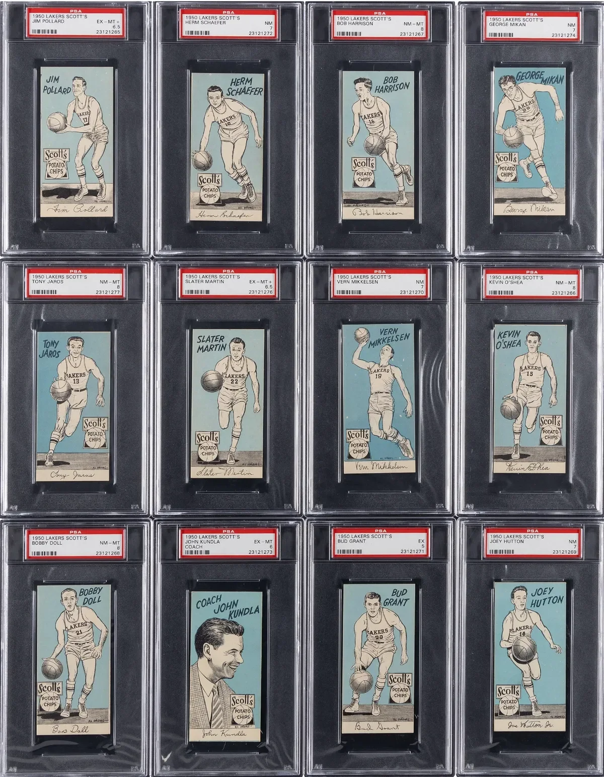 Collection of vintage basketball trading cards featuring Los Angeles Lakers players from 1950, with illustrations of players dribbling a basketball, and signatures at the bottom, in protective plastic cases with red labels.