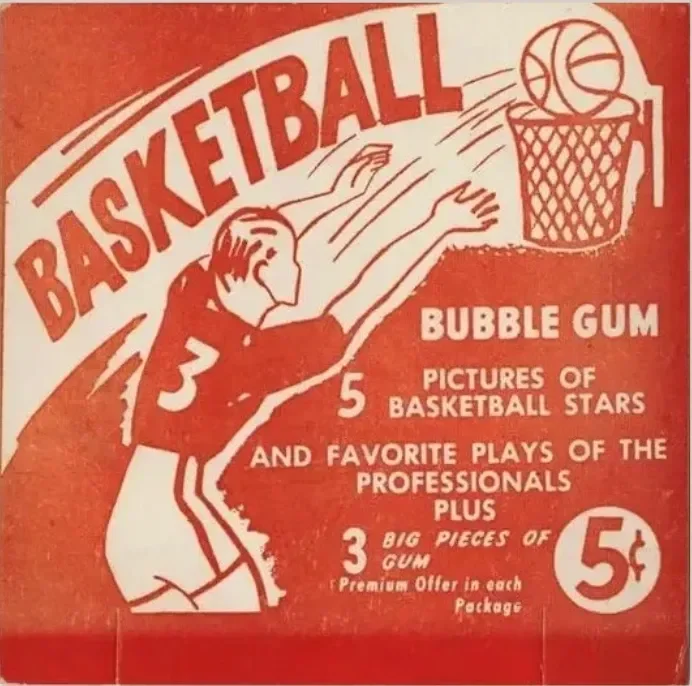 Vintage red and white advertisement for a basketball-themed bubble gum offering 5 pictures of basketball stars, favorite plays of professionals, and big pieces of gum for 5 cents.