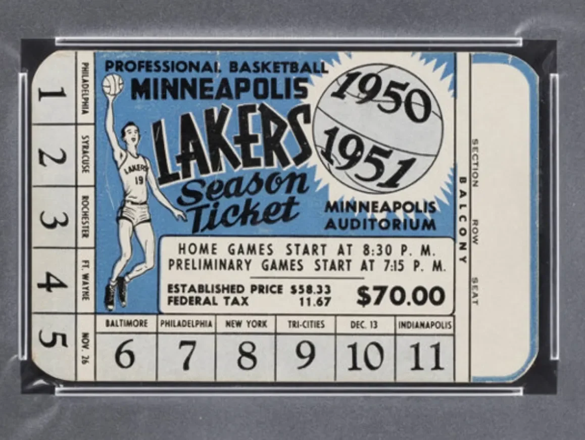 Vintage season ticket for Minneapolis Lakers basketball games from 1950-1951 season, with game dates from December 13 to November 26, 1951, features a drawing of a female basketball player holding a ball, and details about game times, prices, and location at the Minneapolis Auditorium.
