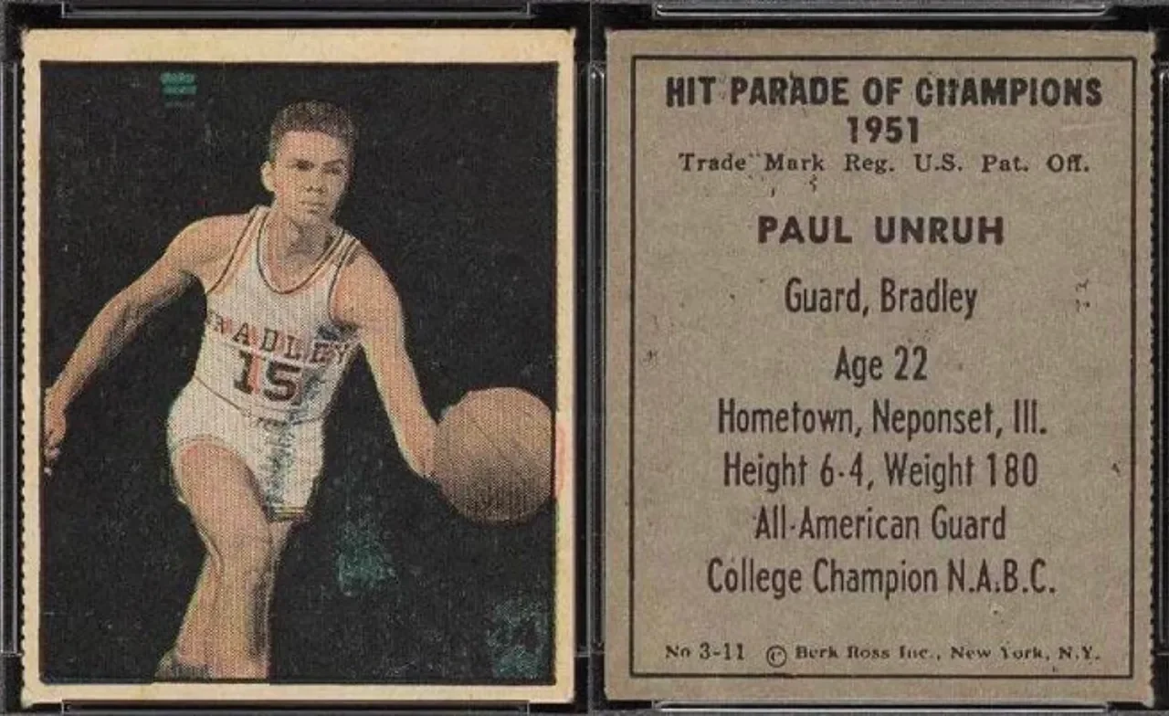 Vintage basketball trading card featuring a player in a Bradley College uniform dribbling a basketball.