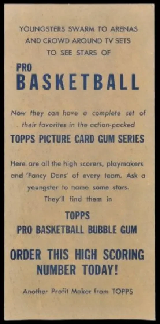 A vintage newspaper advertisement promoting basketball-themed bubble gum, highlighting a set of famous players' stars and encouraging readers to order the high-scoring number.