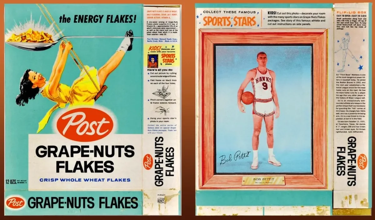 Vintage cereal box design featuring a woman in yellow lifting a bowl of cereal with chopsticks on the left and a framed basketball player photo of Bob Pettit in a Hawks jersey holding a basketball on the right.