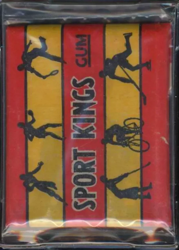 A pack of Sport Kings Gumi with illustrations of various sports figures in action poses, set against red and yellow background.