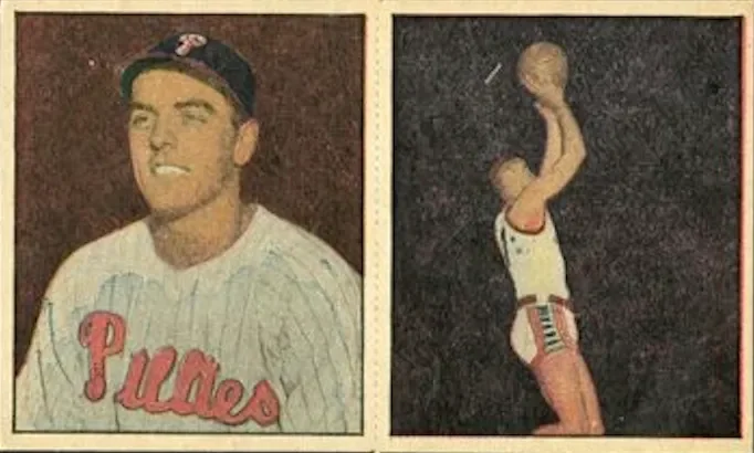 Vintage baseball card featuring a player in a Phillies uniform on the left and a cartoon of a basketball player shooting a basket on the right.