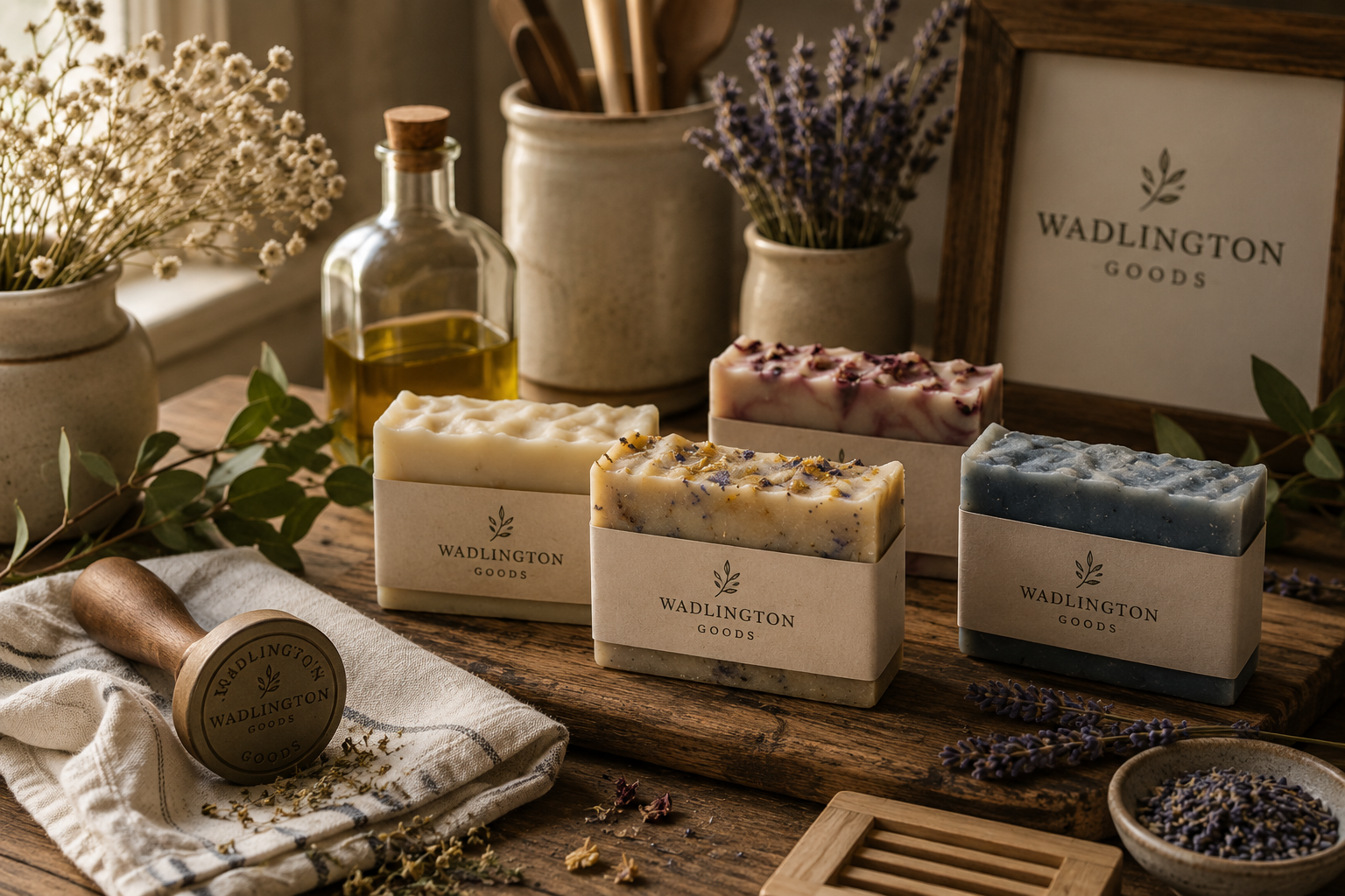Assorted handmade soaps labeled 'Wadlington Goods' on a wooden table with lavender, dried flowers, and natural decor in the background.