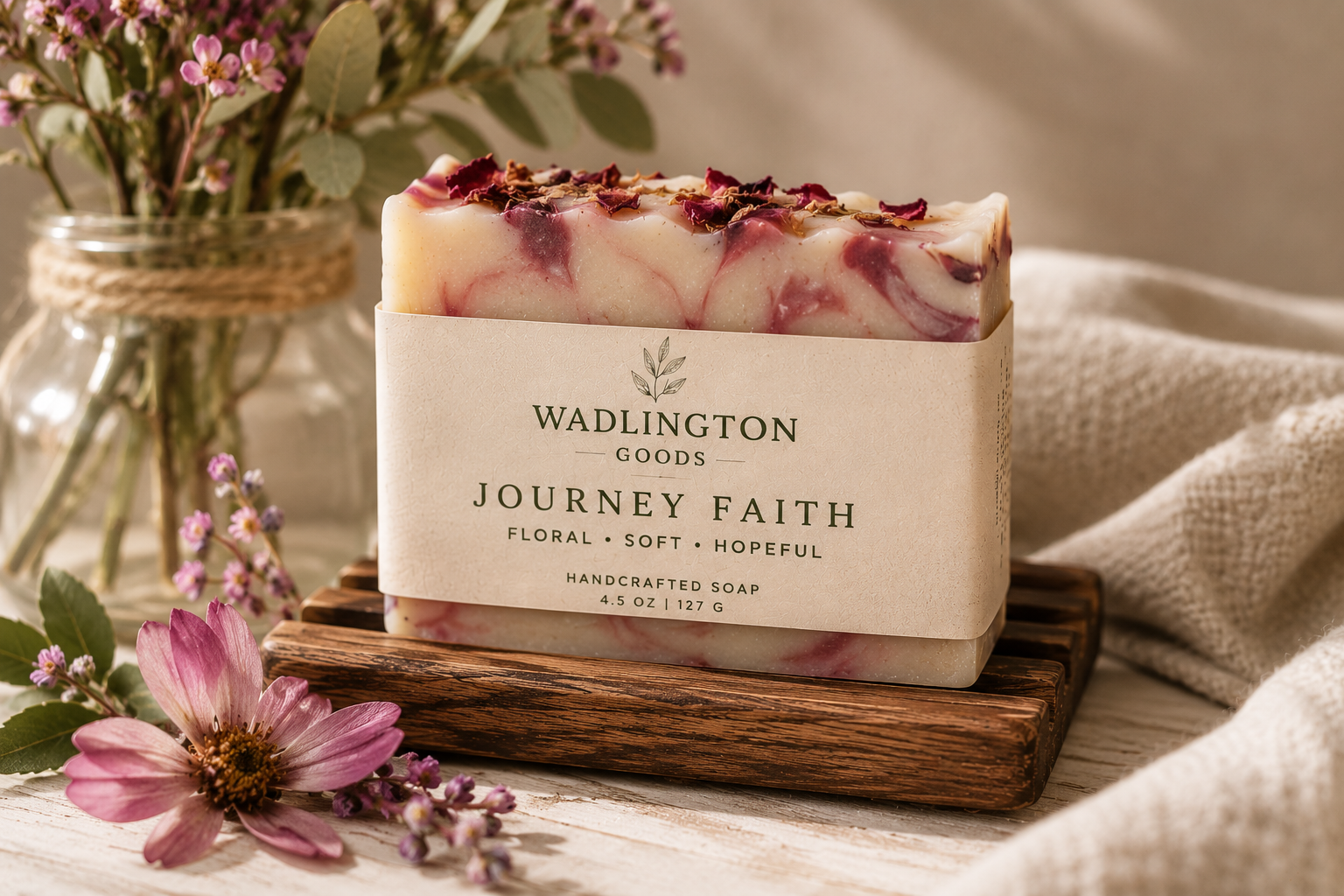 A bar of handcrafted soap with floral swirls, placed on a wooden stand, with pink and purple flowers and a beige cloth in the background.