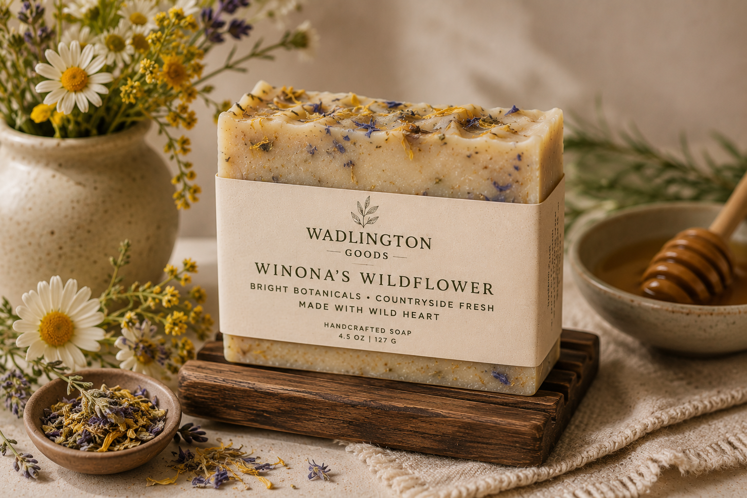 A bar of handcrafted soap labeled 'Winona's Wildflower' with dried flowers on top, placed on a wooden soap dish. Surrounding it are a bowl of honey with a honey dipper, a small bowl of dried flowers, and a vase with fresh daisies and other wildflowers. The scene has a rustic, natural aesthetic.