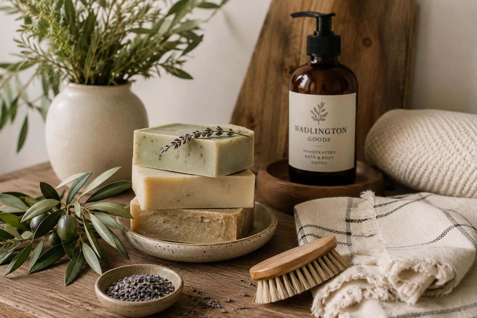 Arrangement of natural soap bars, a potted plant, a bottle of bath and body product, a small dish of dried lavender, a wooden bath brush, and a rolled towel on a rustic wooden surface.