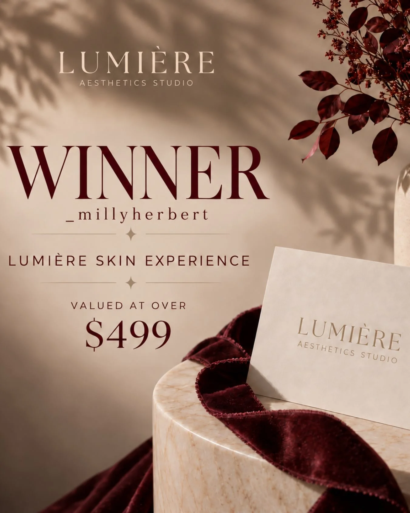 Congratulations to @_millyherbert - the winner of our Lumi&egrave;re Opening Giveaway! 🤍

You have won a Lumi&egrave;re Skin Experience valued at over $499, including:

✦ A complimentary consultation with Registered Nurse Caitlin
✦ One SkinPen&reg; 