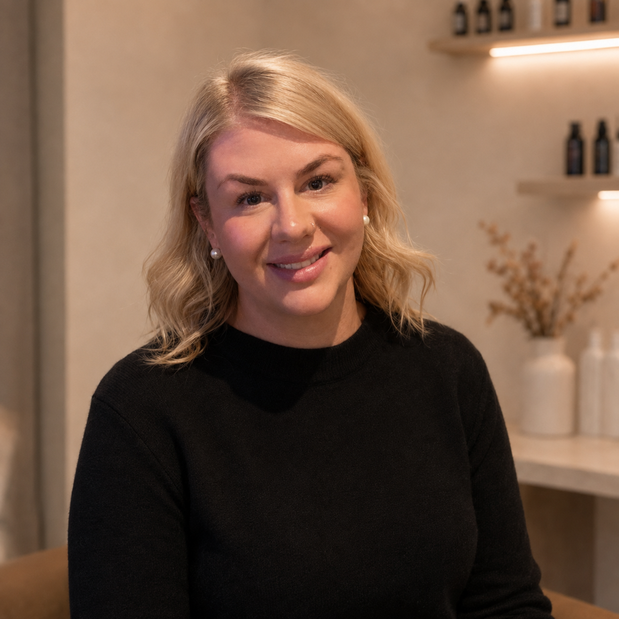 A young woman with blonde hair, wearing a black long-sleeve top, smiling at the camera in a cozy indoor setting with neutral decor and vases in the background.