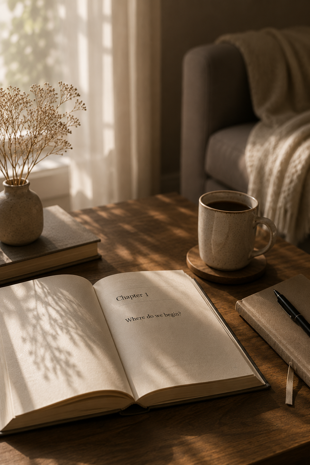Open book on a wooden table with chapter 1 titled "Where do we begin?" next to a pen, a closed notebook, a cup of coffee on a wooden coaster, a small book, and a vase with dried flowers, sunlight filtering through curtains in the background.