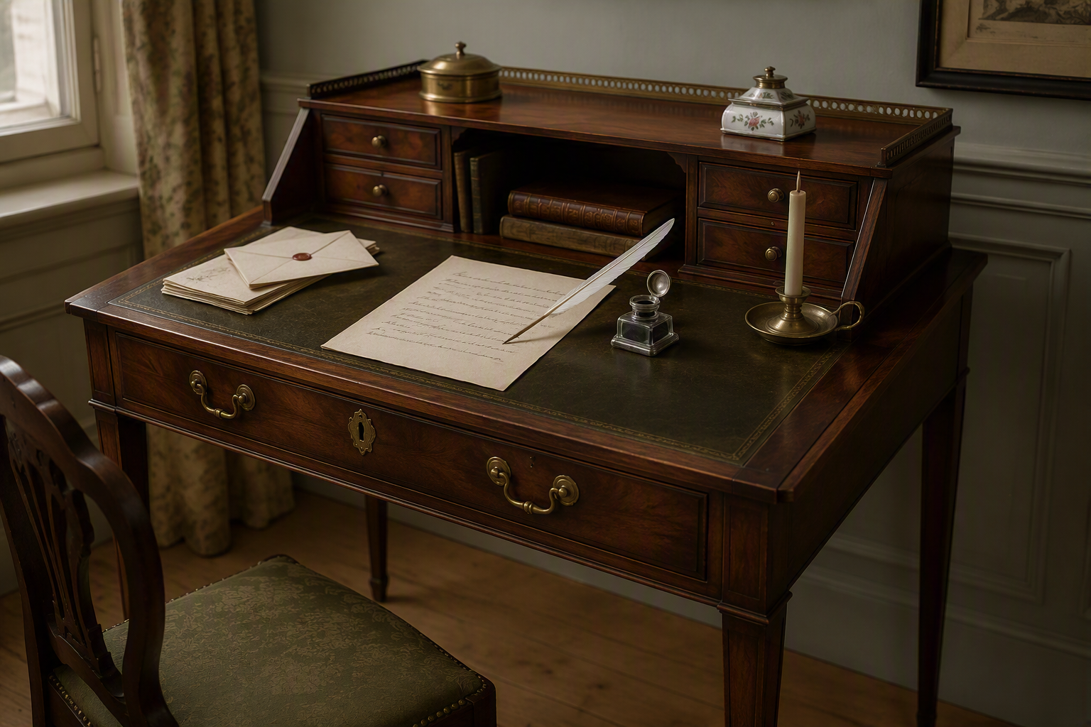 Vintage wooden writing desk with stationary, inkwell, feather quill, and candle, set in a classic room with curtains and framed art.